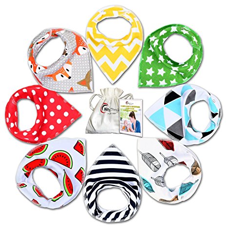 Baby Bandana Drool Bibs For Boys & Girls, 8 pack. Antibacterial, No Toxic Chemical Snaps, Adjustable & Absorbent. Perfect Baby Shower Gift. Waterproof with Snaps, Unisex.