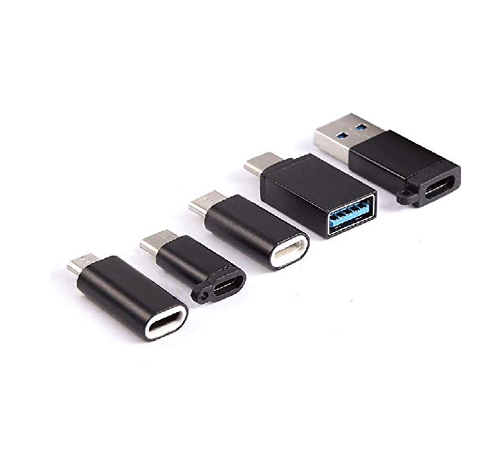 KLJ USB-C Adapters, USB Type C to Micro USB (Male to Female to Female to Male) USB 3.0 (Male to Female to Female to Male) Pack of 5, Black
