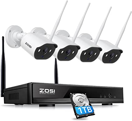 ZOSI W4 Home Mesh WiFi Security Camera System with 1TB Hard Drive,H.265  1080P 8CH NVR,4pcs 1080P Outdoor Wireless IP Camera,Color Night Vision,Light &Siren Alarm,AI Human Detection,Two Way Audio