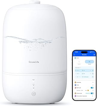 GoveeLife Humidifier for Bedroom, 3L Top Fill Cool Mist with WiFi Humidity Control, Oil Diffuser, Auto Shut-Off, Home, Baby, Plants, Work with Alexa