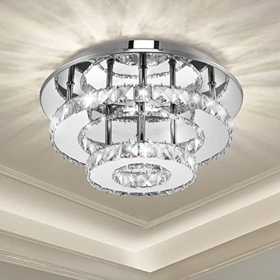 Catinbow Clear Crystal LED Ceiling Light, 36W Double Layer Flush Mount Ceiling Light, Round Modern K9 Crystal LED Chandelier, Ceiling Mount Lighting Fixtures for Bedroom Hallway, Warm White 3000K