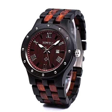 Bewell Men's Wooden Watches Handmade Date Display Analog Quartz Luminous Wristwatch