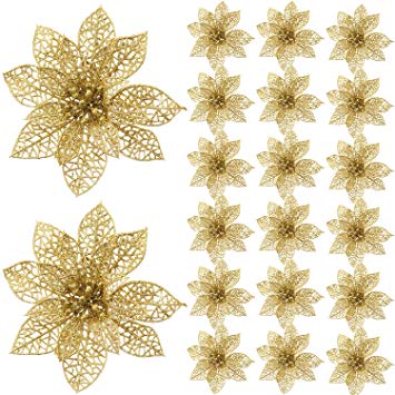 SATINIOR 20 Pieces Glitter Christmas Tree Ornaments Artificial Wedding Christmas Poinsettia Flowers for Festival Decoration (Gold)