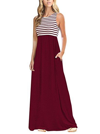 TECREW Women's Striped Round Neck Sleeveless Casual Long Maxi Dress with Side Pockets