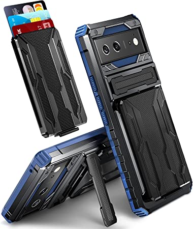 Tensea for Google Pixel 6 Case Kickstand, Shockproof Wallet Defender Case with Card Holder, Rugged Soft TPU Phone Protective Cover with PC Stand, Armor Military Grade Protection for Pixel6 5G (Blue)