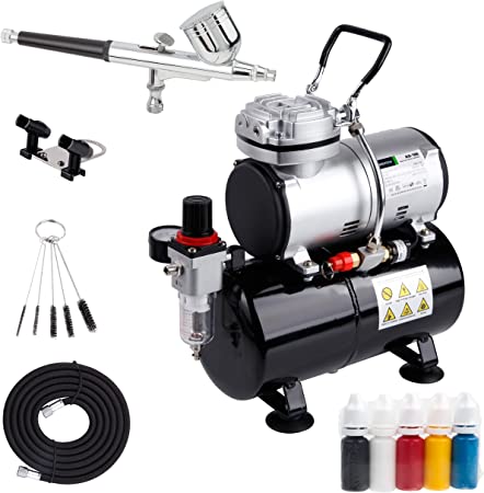 Timbertech Airbrush Kit with Compressor AS-186K with Airbrush Gun, Air Hose, Cleaning Brush & Paints for Hobby, Graphic and so on