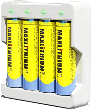 AA Rechargeable Batteries Lithium-ion , 1.5v Constant Voltage , 4 Count with Charger, Maxlithium