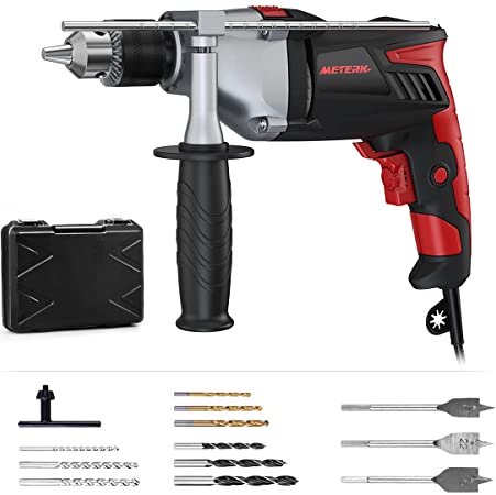 Meterk Hammer Drill 7.5-Amp 1/2inch Impact Drill 2800RPM 950W Corded Compact Electric Drill Tool - 17 Variable Speed with 12pcs Drill Bit Sets/Storage Case/Rotating Handle