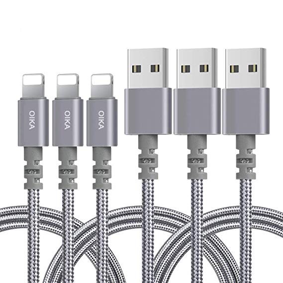 OIKA Phone Charger, 3 Pack 6FT Nylon Braided Charging Cord,Grey