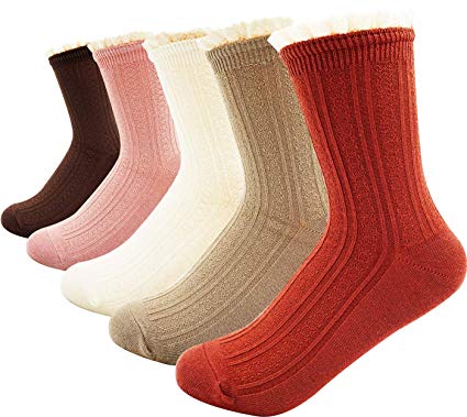 Womens Lady's 5 Pack Crochet Lace Trim Cotton Knit Crew Socks