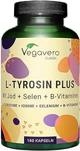 L-Tyrosine Plus 1200 mg | THYROIDE* | Avec Iode, Selenium et Vitamine B | Énergie   Fatigue Mentale | 180 Gélules | VEGAN et SANS ADDITIFS | Vegavero®