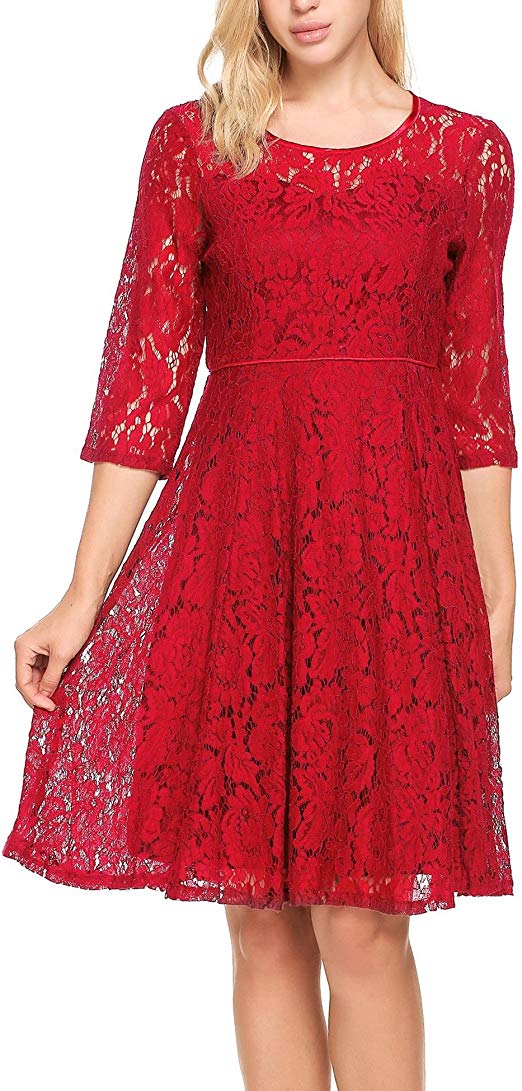 Beyove Women 3/4 Sleeve Crew Neck Floral Lace Cocktail Party Midi Pleated Dress