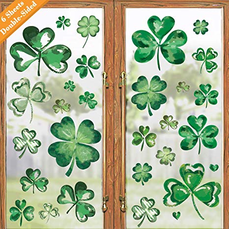 Ivenf St. Patrick's Day Decorations Window Clings Decor, Extra Large Shamrock Decal Stickers for Kids School Home Office Accessories Party Supplies Gifts, 6 Sheets 79 pcs