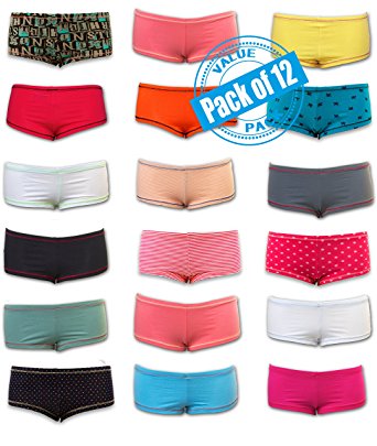 Sexy Basics Womens 12 Pack Grab Bag Cotton Spandex Boyshort Briefs, Colors May Vary