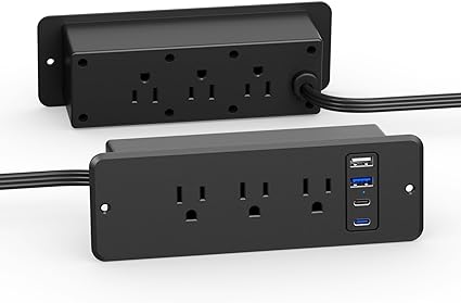 CCCEI 6 Outlets Dual Side Recessed Power Strip with 45W USB C Port, Furniture Flush Mount, Under Desk, Desk Top Multiple Outlet, Hidden Charging Station for Conference Table, Nightstand, Black. 6FT.