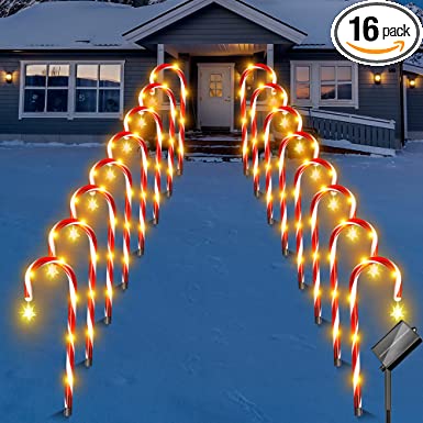 Christmas Candy Cane Lights 16 Pack, Upgraded Solar Candy Cane Christmas Decorations, Waterproof Christmas Pathway Lights with Stars, Outdoor Walkway Lights for Yard Garden Xmas Tree Holiday Gift