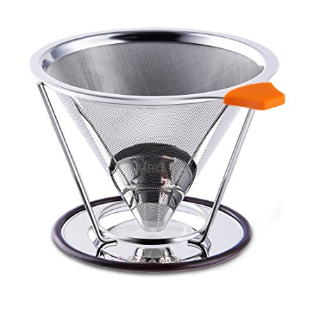 E-PRANCE Pour Over Coffee Filter, Cone Coffee Dripper Paperless, Permanent 18/8 (304) Stainless Steel double mesh Pour Over Coffee Maker with Stand for 1-4 cups