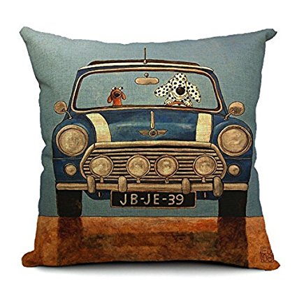 18''X 18'' Driving Dogs Cotton Linen Decorative Throw Pillow Cover Cushion Case (Gray)