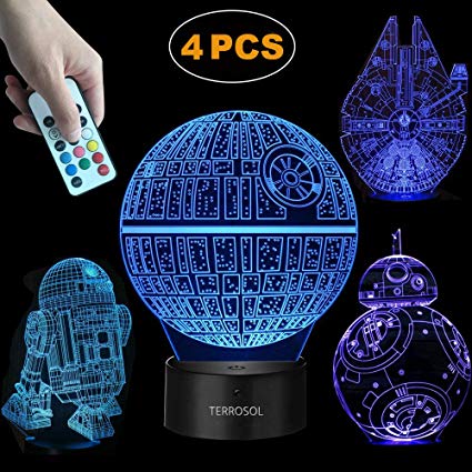 Terrosol 3D Star Wars Lamp - Star Wars Gifts - 4 Pattern&1 Base&1 Remote - Star Wars R2-D2/Bb8/Death Star/Millennium Falcon - Star Wars Light - Star Wars - Optical Illusion Led Light - Star Wars Lamp