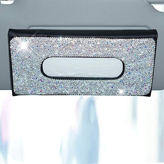 eing Bling Bling Sun Visor Car Tissue Box with Crystal Diamond Leather Auto Napkin Tissue Hanging Bag Holder for Car Accessories,Black