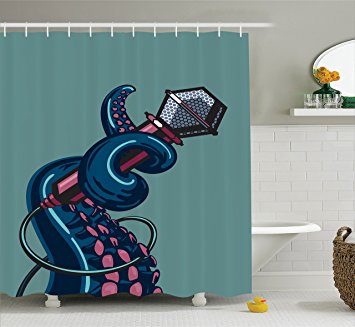 Ambesonne Octopus Decor Collection, Octopus Tentacle Holding a Microphone Retro Style Cartoon Rock and Roll Art Home Decor, Polyester Fabric Bathroom Shower Curtain, 75 Inches Long, Teal Pink