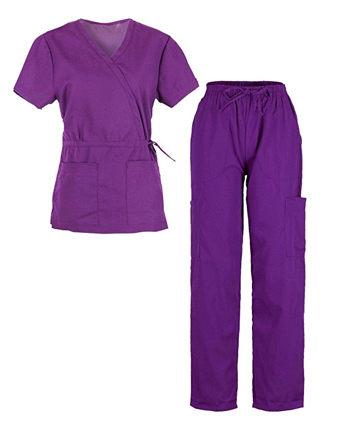 G Med Women's Mock Wrap Back Tie Top and Pants Fashion Scrub Set
