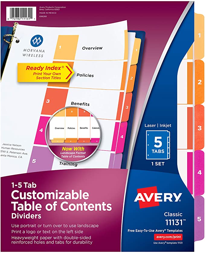 Avery 5-Tab Dividers for 3 Ring Binders, Customizable Table of Contents, Multicolor Tabs, 1 Set (11131)