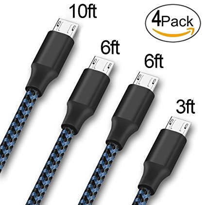 AOFU Micro USB Cable,4Pack 3FT 6FT 6FT 10FT Long Nylon Braided High Speed 2.0 USB to Micro-USB Charging Cables Android Fast Charger Cord for Samsung Galaxy S7 Edge/S6/S4, Note 5/4,(Black Blue)