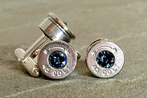 Bullet Shell Casing Cuff links and Tie Pin Gift Set Swarovski Montana Navy Blue