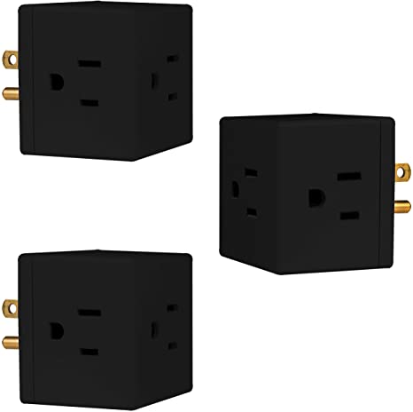 GE Outlet Wall Tap, 3 Pack, 3 Prong, Extra-Wide Adapter Spaced, Grounded, Easy Access Design, Indoor, Black, 47037