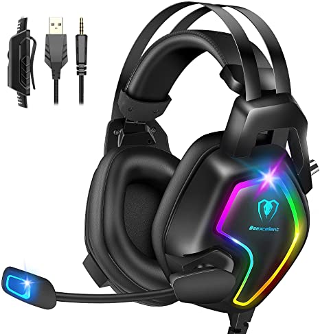 Gaming Headset for PS4 PC Xbox One Controller, Professional PS4 Headset with 7.1 Surround Sound, Noise Cancelling Mic, RGB LED Light, Soft Memory Earmuffs for PC Laptop Tablet Mac