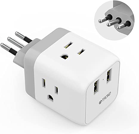 Italy Travel Plug Adapter, TROND US to Italy Power Adapter with 2 USB Ports 3 American Outlets, International Type L Plug Adapter Safe Grounded for USA to Chile Uruguay Italy Travel Essentials