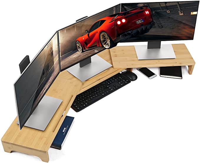 Monitor Stand Riser Large Nnewvante Bamboo Dual Monitor Stand for Desk with Adjustable Length Angle 3 Shelves Desktop Screen Riser for Computer Laptop PC