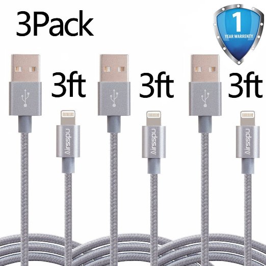 Airsspu 3Pack 3ft Nylon Braided Lightning USB Charging Cables Cord for iPhone 6s/ 6s Plus/ 6 Plus/ 6/ 5s/ 5c/ 5, iPad Mini/ Air/ 5 and iPod (Gray)