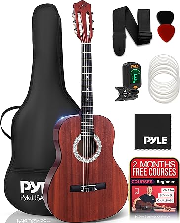 Pyle Acoustic Guitar Kit, 4/4 Full Size All Wood Classical Instrument for Beginners, Adults, 39" Sapele