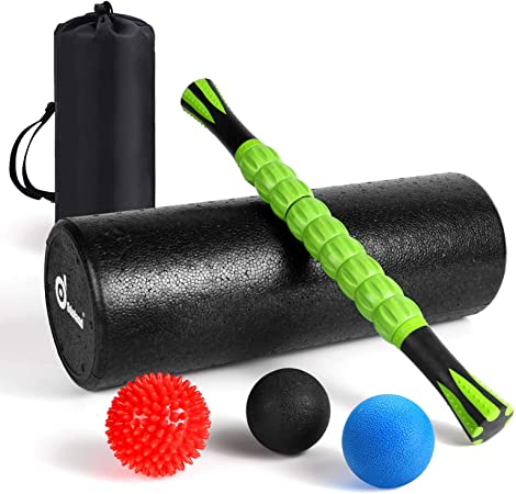 Odoland 6-in-1 Large Size Foam Roller Kit with Muscle Roller Stick and Massage Balls, High Density 18'' Foam Roller for Muscle Therapy and Balance Exercise