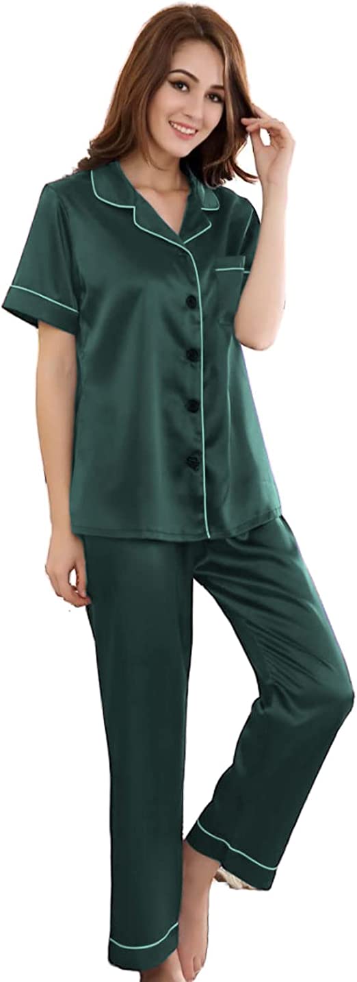 NANJUN Women's Silky Satin Pajamas Sleepwear Short and Long Button-Down Pj Set