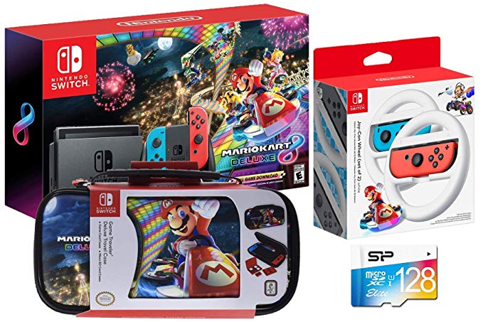 Nintendo Switch Mario Kart 8 Deluxe Bundle: Mario Kart 8 Deluxe, Nintendo Switch 32GB Gaming Console with Neon Red and Blue Joy-Con, Traveler Case and 128GB SD Card