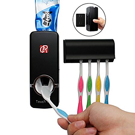 RC Press to Paste Toothpaste Dispenser Automatic Toothpaste Squeezer and Toothbrush Holder Set (5 Brush Holder, Black)