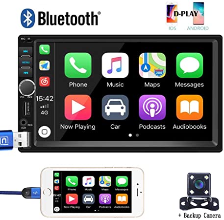 Hikity Autoradio Car Stereo Double Din 7 Inch Touch Screen Bluetooth FM Radio with USB AUX-in RCA Rear View Camera Input Port Support Mirror Link D-Play for Android iOS Phone   Backup Camera & Remote