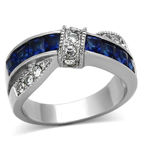 Stainless Steel Blue Cubic Zirconia CZ Cross Over Wedding Engagement Anniversary Ring Women Size 5-11 SPJ