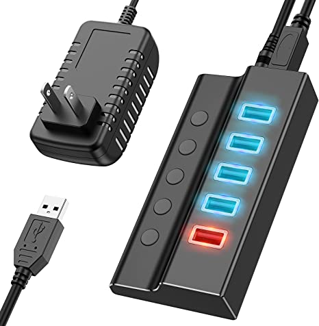 Powered USB Hub, Cabepow 4 Port USB 3.0 Hub Splitter with Individual On/Off Switch for MacBook, Laptop, PC, Computer, Mobile HDD and More, and 1-Charging Port, 5V/2.4A Power Adapter