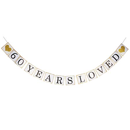 Hatcher lee 60 Years Loved Banner -60TH Birthday Party 60th Anniversary Party Decoration Bunting （Gold and White）