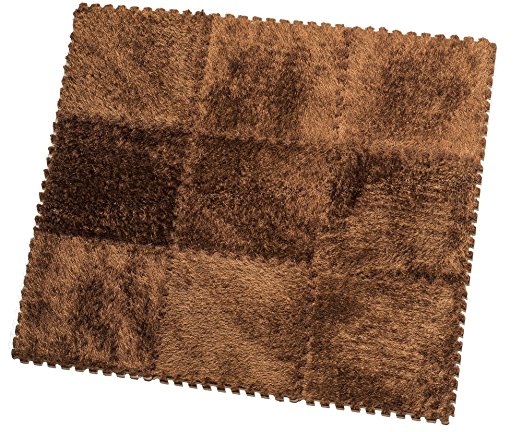 HemingWeigh Fuzzy Area Rug - 9 Fluffy Carpet Tiles for Kids - Ideal for Nursery Décor, Baby Room, Playroom and Kids Room. Plush, Velvet-like Texture, Anti-slip & Durable Rug (Brown)