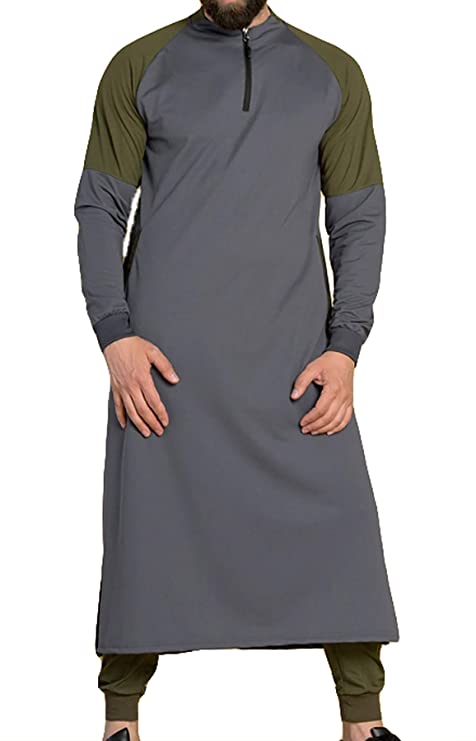 Men's Muslim Long Thobe Stand Collar Kaftan Islamic Cotton Robe