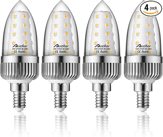 Auzilar E12 LED Light Bulbs, 12W LED Candelabra Bulbs 100 Watt Equivalent, 1200LM, 2700K Warm White Ceiling Fan Light Bulbs, Decorative Candle Base E12 Non-Dimmable LED Chandelier Bulbs,Pack of 4