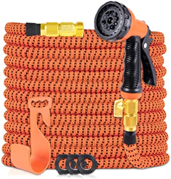 HIYUTOY Garden Hose Expandable Flexible Hose, Expanding Water Hose Kit Collapsible with 10 Function Spray Nozzle, Durable Stronge Hose Fabric-Multi Latex Core, No Kink Tangle (25FT, Orange)