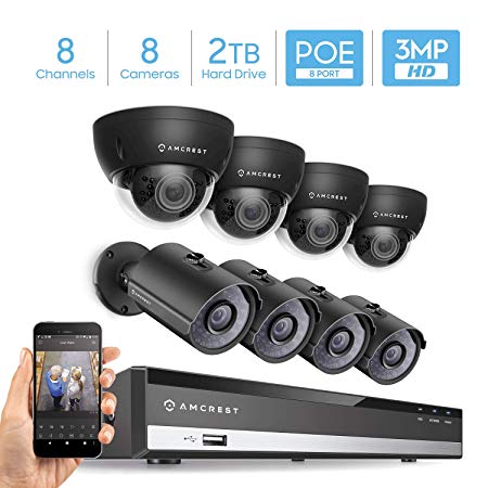 Amcrest 3MP Security Camera System, 4K 8CH PoE NVR, (8) x 3-Megapixel IP67 Weatherproof Metal Bullet & Dome PoE IP Cameras, Pre-Installed 2TB HDD, NV2108E-IP3M-956EB4-IP3M-954EB4-2TB (Black)