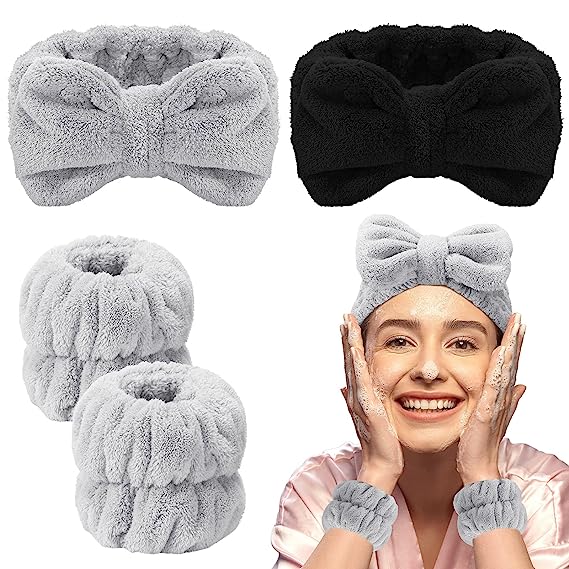 Chuangdi 4 Pcs Spa Headband Wrist Washband Scrunchies Cuffs for Washing Face, Towel Wristbands Hair Headband Face Wash Wristband for Women Girls Makeup Prevent Liquids from Spilling (Grey, Black)