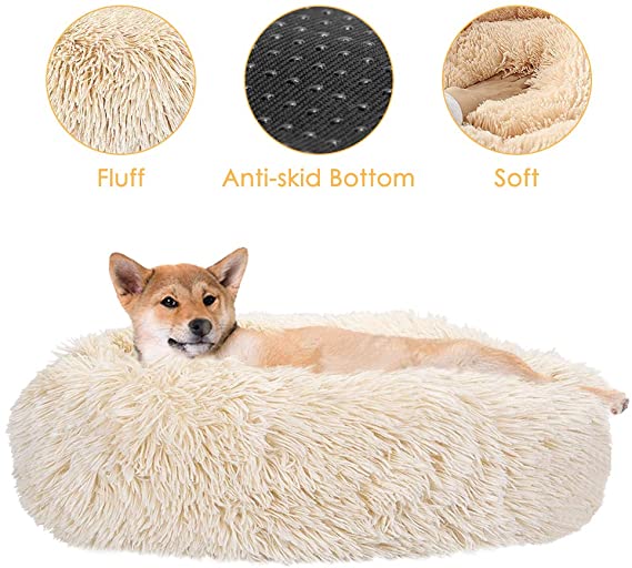 SlowTon Dog Calming Bed, Donut Cuddler Nest Warm Soft Plush Dog Cat Cushion with Cozy Sponge Non-Slip Bottom for Small Medium Pets Snooze Sleeping Autumn Indoor, Machine Washable (23.6*23.6Inch, Khaki)